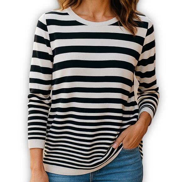 Talbots Sweater 1X Black White Stripe Knit Pullover Classic Nautical Style - Picture 1 of 8